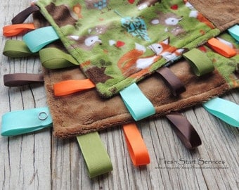 Woodland Blanket - Ribbon Sensory Blanket - Minky Blanket - Taggie - Woodland Nursery - Baby Shower - Woodland Baby Gift - Personalized