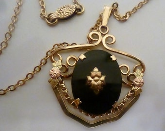 1930's Black Onyx Pendant Necklace Gold Fill over Sterling-General Chain Company