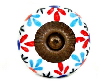 Ceramic Knob with Red and Blue Floral Pattern