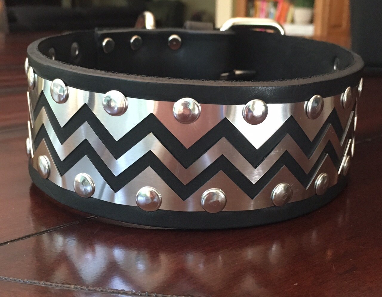 Stainless Steel Leather Chevron Dog Collar2 inches wide