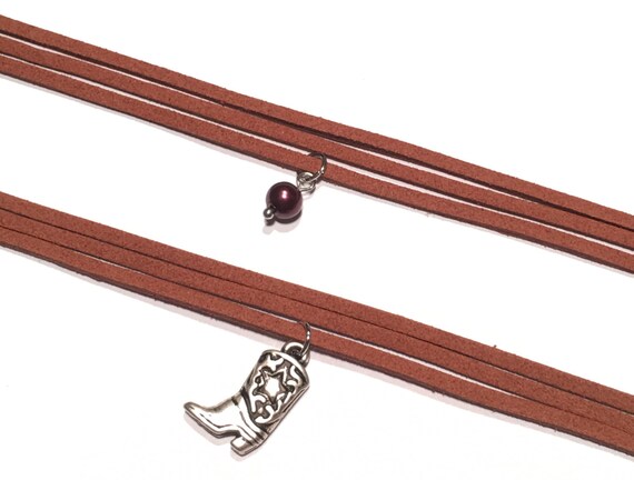 Tan | Faux Suede | Cowgirl boot | Burgundy faux pearl | Charms | Charm | Triple strand | Multi-strand | Gifts | Gift | CARLI