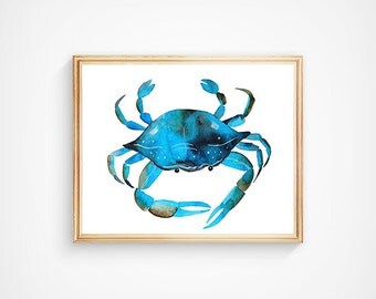 Blue Watercolor Crab Print, Sea Animal Art, Seafood Art Print, The Little Mermaid, Maryland Blue Crab Art, Ocean Baby Art, Sea Baby Art,