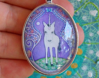 Unicorn Necklace Purple Gift for Sister Girls Art Jewelry Oval Pendant Silver Plated Setting gift for little girl unicorn art pendant cute