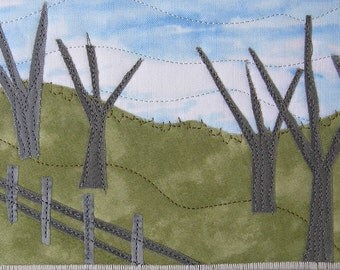 Quilted Postcard Textile Greeting Card Landscape Mountain Landscape Fiber Wall Nature Postcard Fabric Hills Trees Fence
