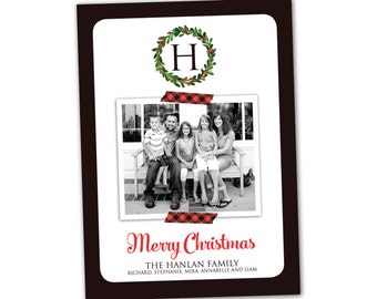 Tartan plaid Christmas card, red and black, tartan Christmas wreath monogram holiday card, custom plaid Christmas photo card