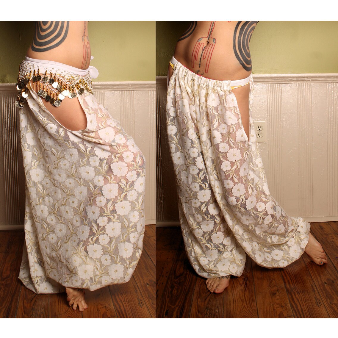Tribal Belly Dance Harem Pants Cream Gold Lace cut out leg.