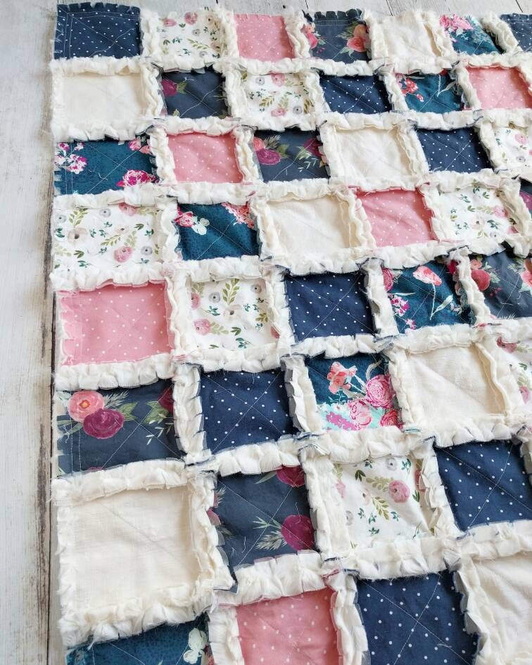 Navy Blue and Pink Floral Quilt - Floral Crib Bedding for ...