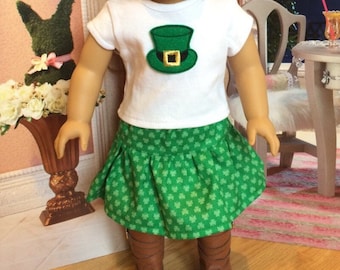 St. Patrick's Day Girl Doll 3 piece set, Four Leaf clover doll skirt, American Doll dress 18 inch doll clothes 15 inch doll clothes