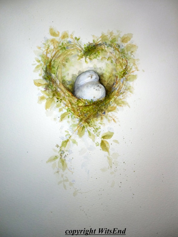 Bird Nest painting watercolor Love Nest eggs moss Large nursery art