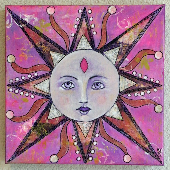 Sun Face Original Mixed Media Art Original Acrylic Painting on