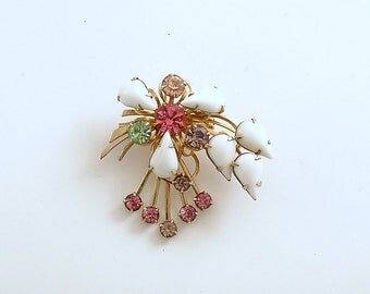 Vintage Brooch Milk Glass Rhinestone Crystals Costume Jewelry Pin