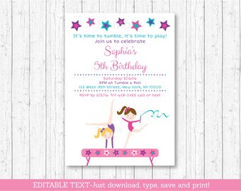 Gymnastics Birthday Invitation / Girl Gymnastics Birthday Invitation / Gymnastics Invite / Gymnastics Party / INSTANT DOWNLOAD Editable PDF