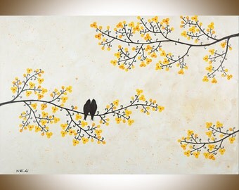 Contemporary Landscape painting mixed Acrylic birds painting Yellow flowers tree Wall art Palette Knife canvas art "Just Us" by QIQIGALLERY