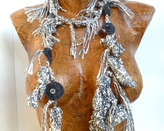 Night and day II scarf, freeform crochet black and white lariat, wearable art, tassels