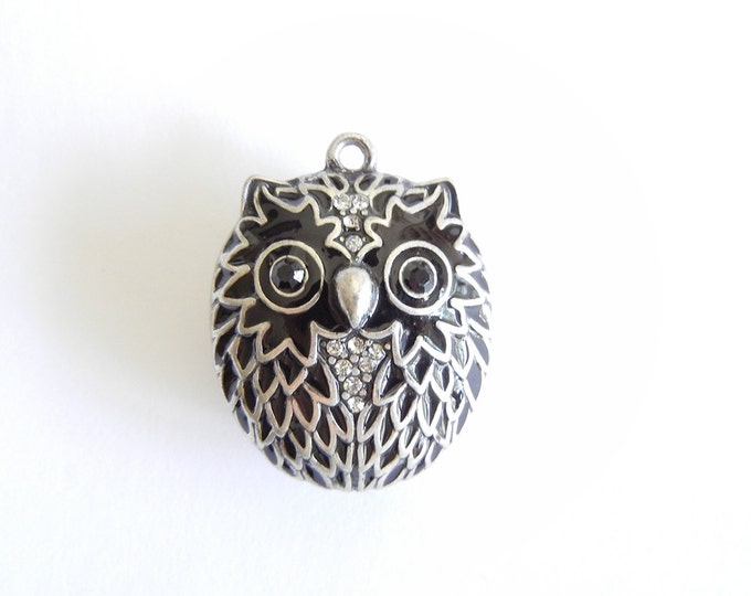 Owl Pendant Dimensional Silver-tone Black Epoxy Rhinestone