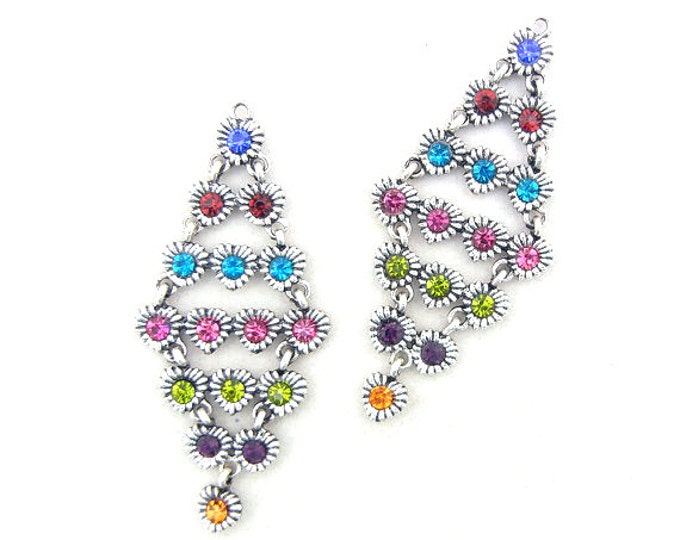 Pair of Antique Silver-tone Heart Chandelier Drop Charms Colored Rhinestones