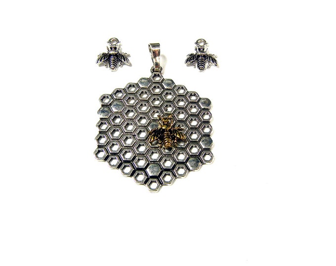 Set of Two-tone Honeycomb and Bee Pendant and Charms