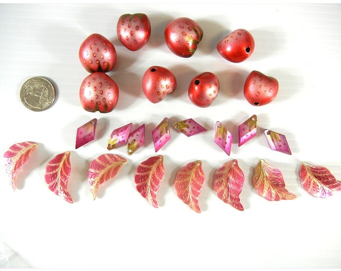 Set of 8 Dimensional Acrylic Strawberry Beads 8 Leaf Charms 8 Diamond Shaped Charms