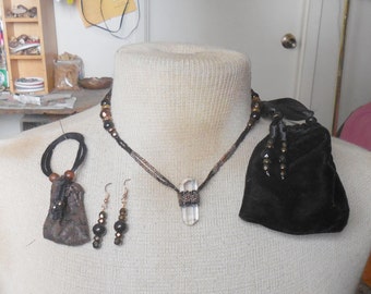 Beaded Double Terminated Quartz Crystal Point Wand Necklace with Matching Earrings & Onyx Semiprecious Stone Gemstone Beads OlyTeam