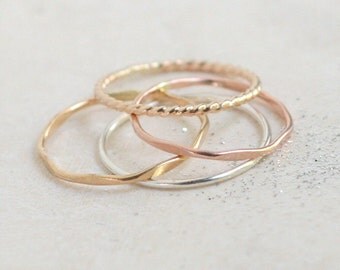 stacking ring set. SILVER & GOLD stacking rings. FOUR mixed metal stack rings. minimalist rings. sterling silver, yellow, rose gold rings.