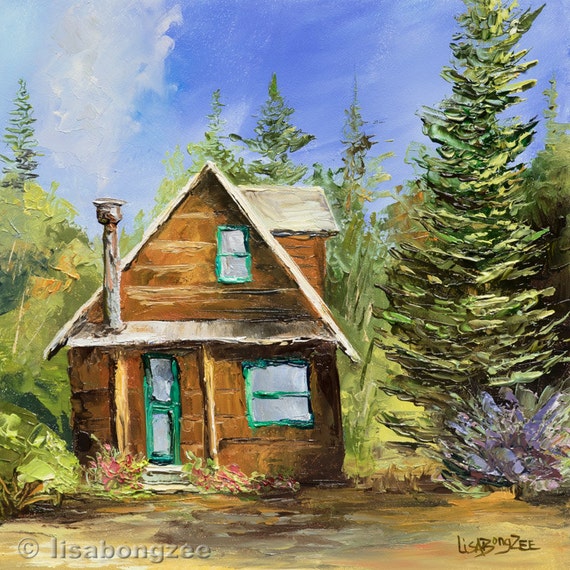 RUSTIC LOG CABIN Framed Original Oil Painting Happy Solitude