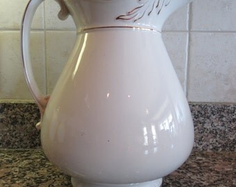 Old white ironstone pitcher with gold trim- beautiful, made in England, solid, great condition
