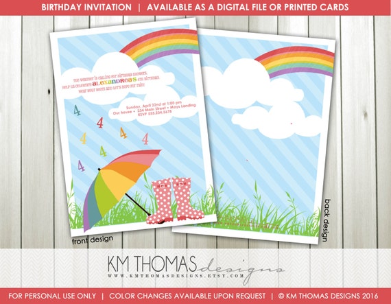 Printable Birthday Invitation - Girl Birthday Showers Invitation - Rainbow - Rain Boots and Umbrella - April Showers - BD198 Il_570xn