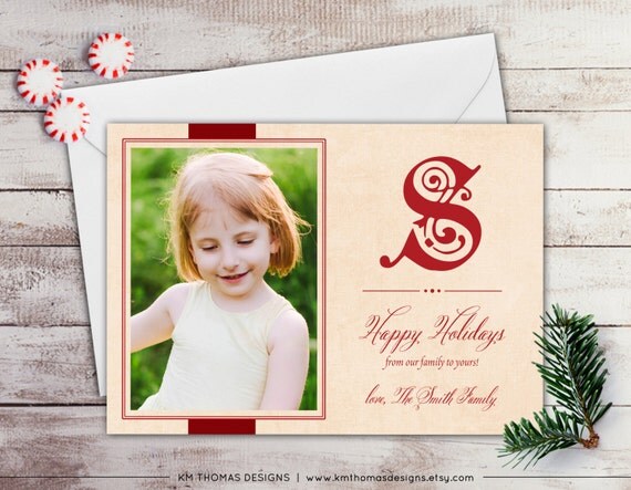 Monogram Holiday Photo Card - Photo Christmas Card - Large Initial - Red Holiday Card - Red Monogram - Traditional Holiday Card - WH173 Il_570xn
