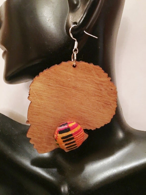 African Woman Wood Earrings Africa Wood EarringsNatural Hair
