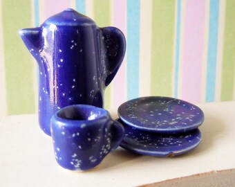 Vintage Ceramic Dollhouse Kitchen Miniatures Blue Enamelware Dishes Plates Coffee Cup Coffee Pot