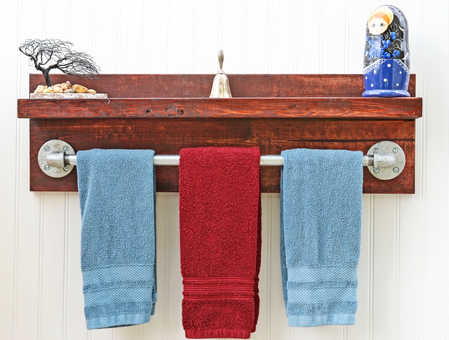 Rustic bathroom shelves with towel rack