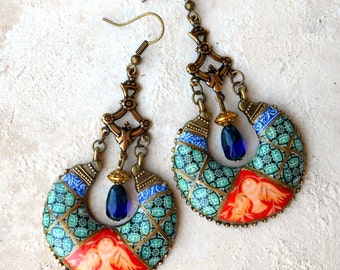 Earrings Chandelier Portugal Antique Azulejo Tile Replica Ilhavo - Dove Frescoes from Sintra Palace Chapel - Persian Bohemian