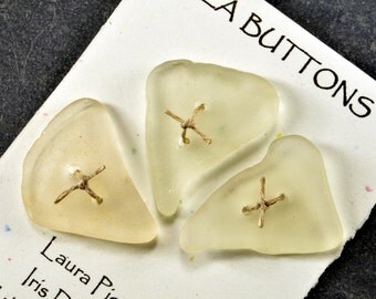 Three funky triangular gleaming white genuine Maine sea /beach glass buttons quirky eco friendly embellishment for sweaters and craft