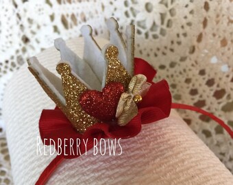 QUEEN of HEARTS CROWN Headband with Red Heart, Gold Bow and Red Ruffle-Approximately 2"x2"