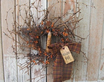 Primitive Fall Autumn Wreath with Pip Berry on Twiggy Grapevine Base with TIMER Candle GCC6318