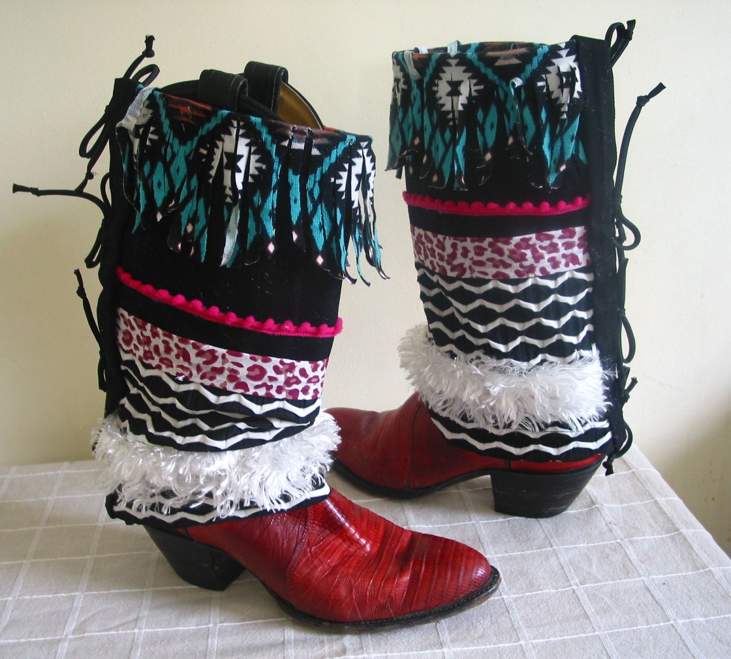 Gypsy BOHO Tribal cowboy Boot cover fringe cuff mask Up cycled