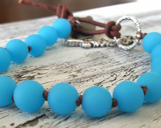 Recycled Sea Glass Bracelet Seahorse Sand Dollar Knotted Leather Wrap Bracelet Nautical Charms Rustic Boho Wrap Bohemian Beachy Ocean Blue