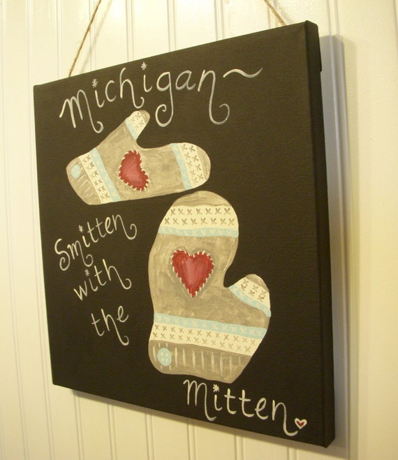 Canvas Michigan mitten painting 12 x 12 Original artwork Hand