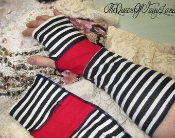 REDUCED,Arm Warmers,stretchy knit fingerless arm sleeves,wrist cuff,arm cuff,Jail Bird Black/White,fingerless gloves,wrist warmer, OOAK