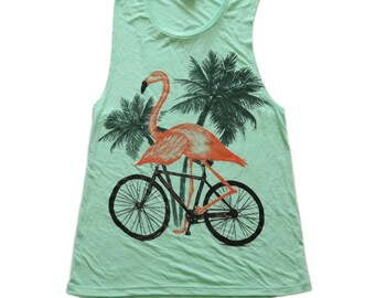 Flamingo on a bicycle- Womens Muscle tank, Ladies Tank, Handmade graphic tank top, sizes s-xL