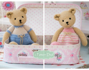 2 Teddy Bear Knitting Pattern Deal/ TEAROOM Girl and Boy Bear Toy Patterns/ INSTANT Download/ Small Knitted Bears