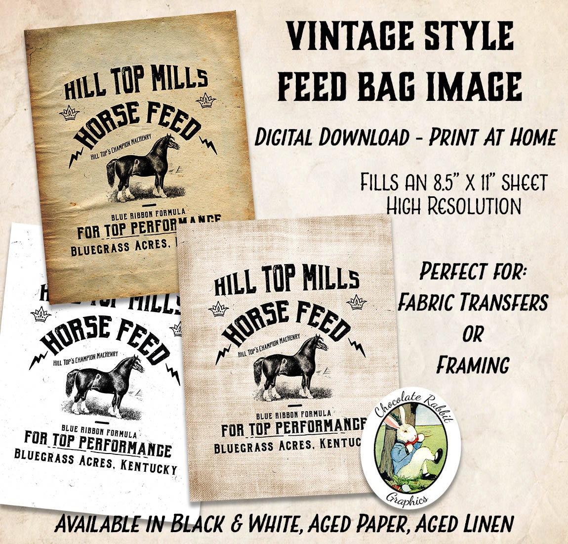 Horse Feed Sack Label Vintage Style Digital Download Printable