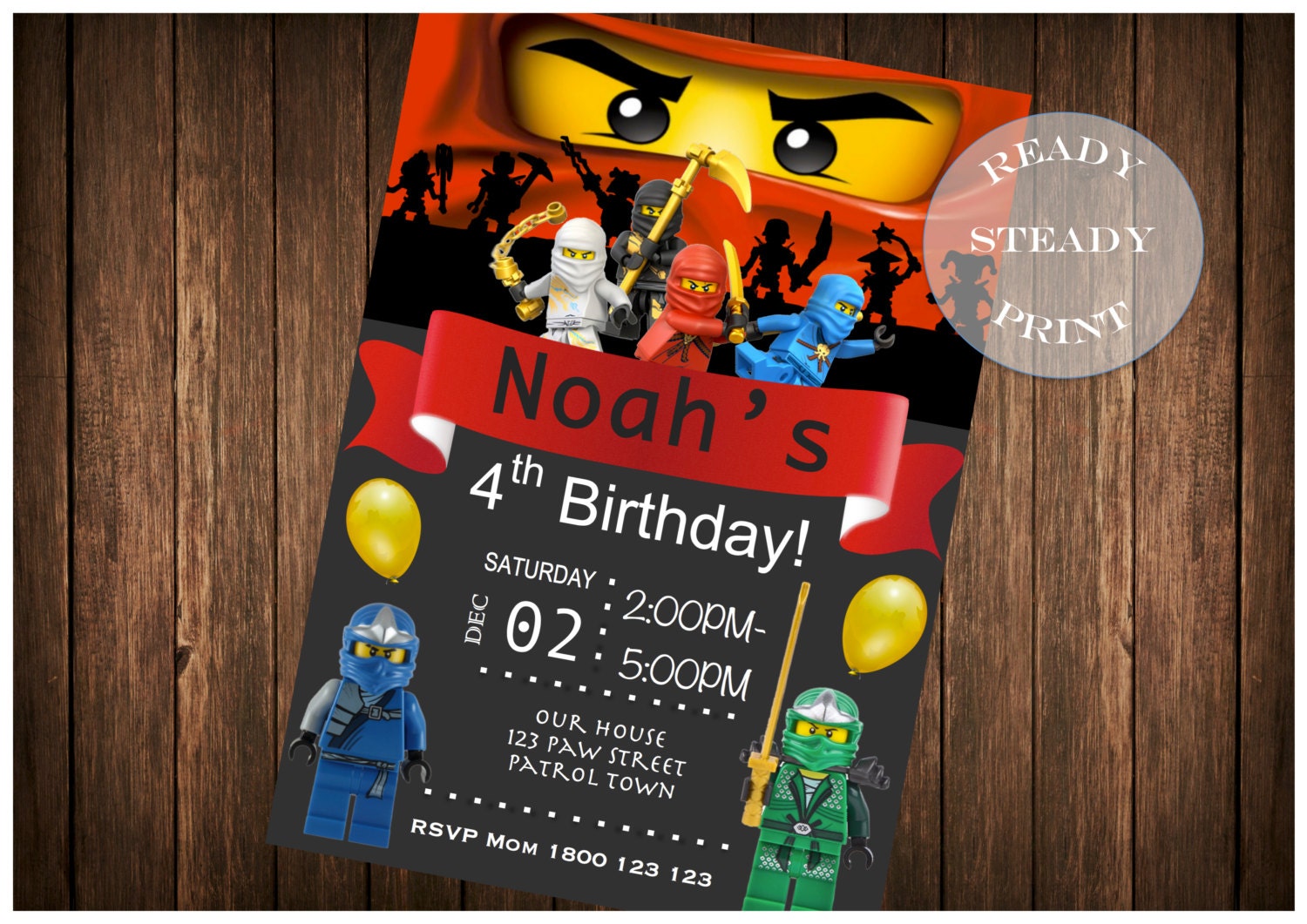 Ninjago Lego Birthday Party Invitation PDF and by ReadySteadyPrint