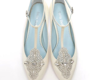 Handmade Wedding shoes with Art Deco Ivory or White Wedding Shoes with Crystal Applique T-Strap low Heel Silk Satin Bridal Shoes Annalise