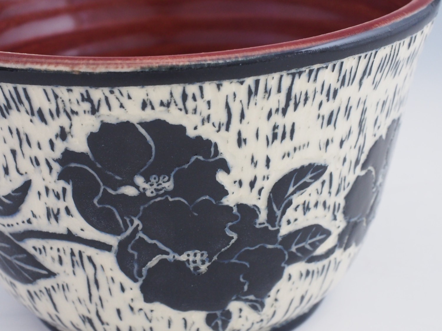 Sgraffito Ceramic Bowl with Carved Anemone Flower by Jackpots