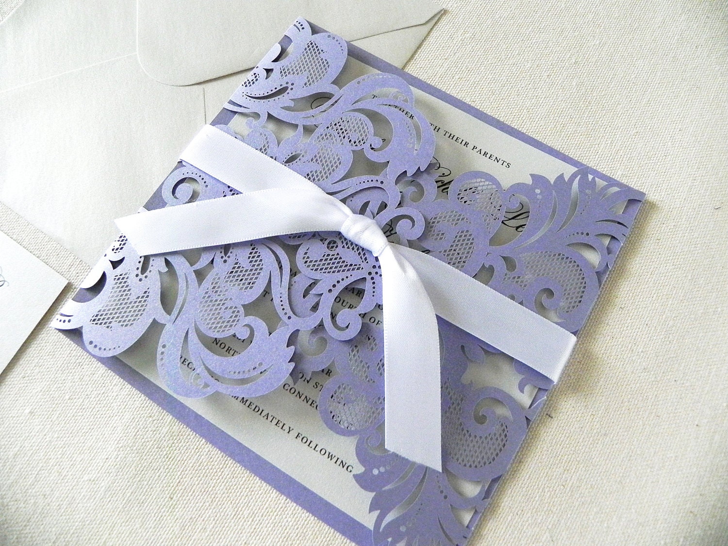 Vintage Lavender Lace Laser Cut Wedding Invitation Suite for