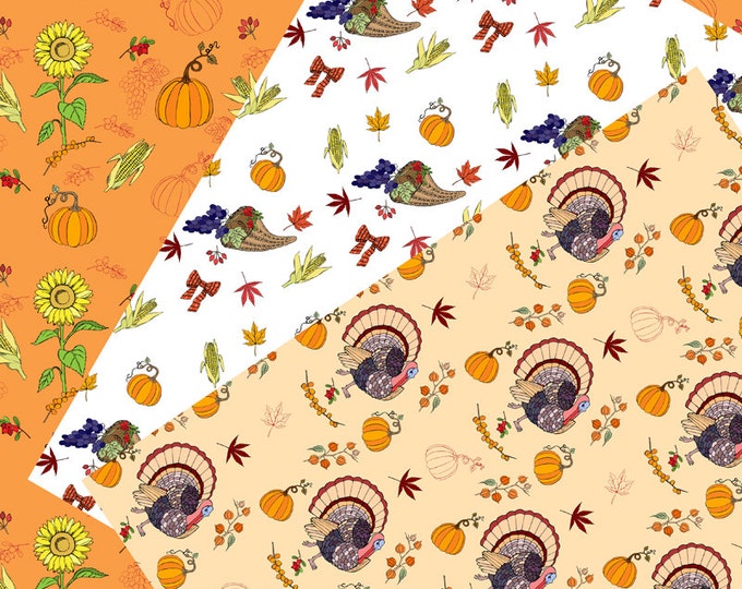 Digital Papers with Thanksgiving Day Decorations, Thanksgiving, turkey, sunflower, horn, grape, maple, corn, harvest, bird, food, pumkin