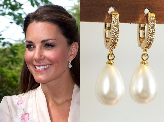 Kate Middleton White Pearl Drop Earrings Huggie Cubic Zirconia | Etsy