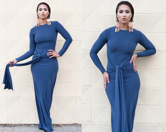 Dramatic Waist Tie Long Sleeve Maxi Dress XS S M L XL