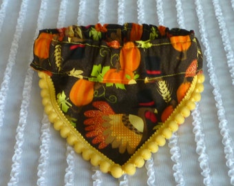 Dog Bandana, Dog Scarf, Pet Bandana, Dog Scrunchie, Pretty Turkey Fancy Bandanchy with tiny yellow pom pom trim - Size S: 12" to 14" neck